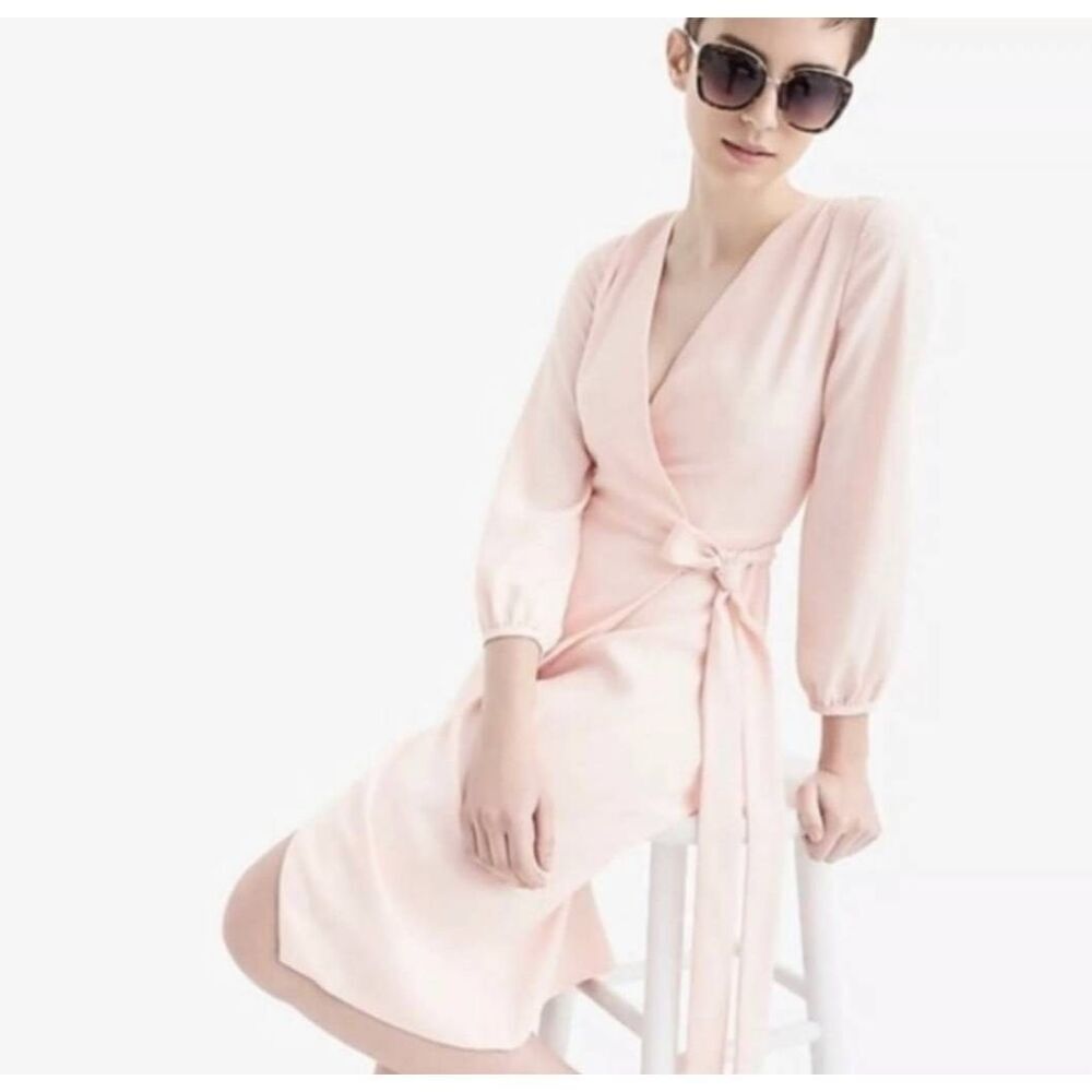 J. Crew Wrap Dress Crepe Cream Pink Tie Waist Long Sleeves Size 10T